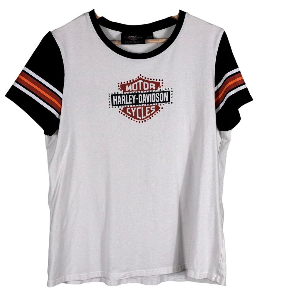 Harley Davidson Womens‎ Shirt Large White Rhinestone Embellish Motorcycle Riding